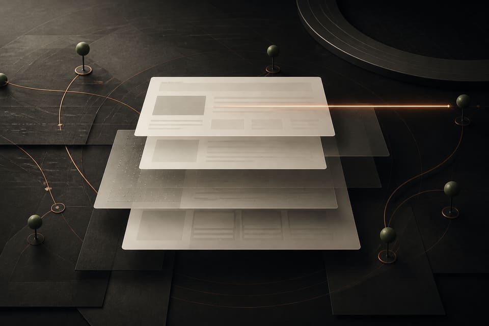 Abstract layers representing public website pages reviewed along a precise copper signal path